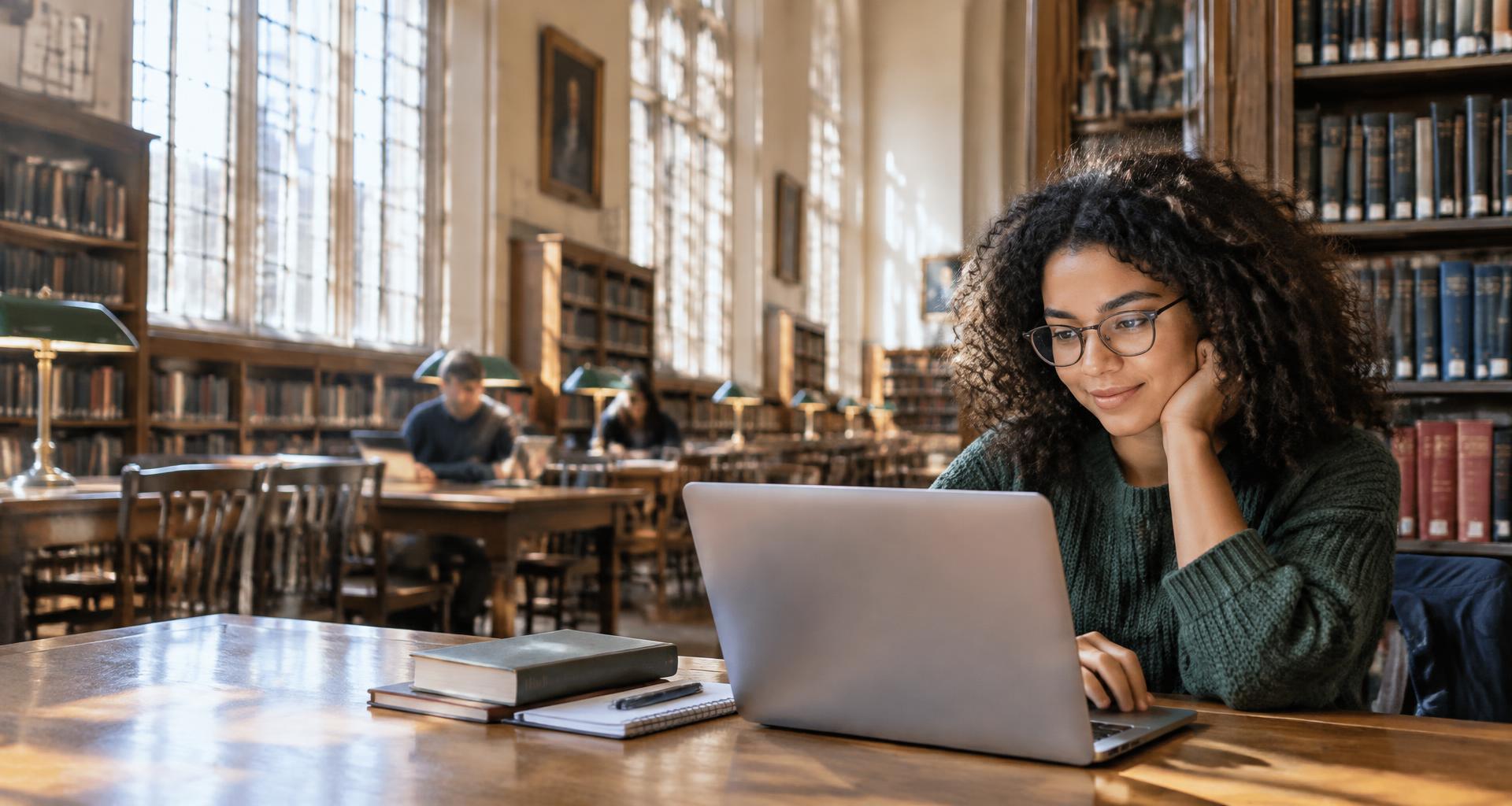 Student working on her writing in a sunlit university library
